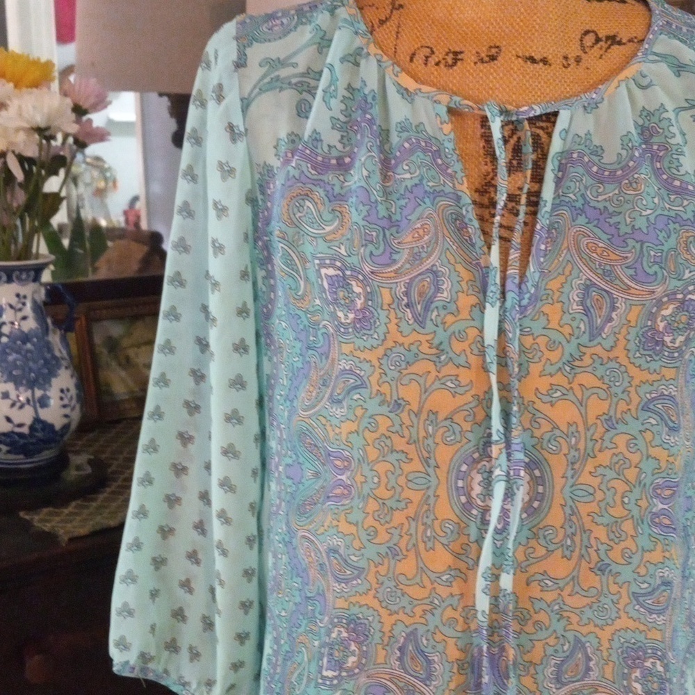 Ann Taylor Aqua and Lavender Paisley Print Boho Sheer Peasant Blouse